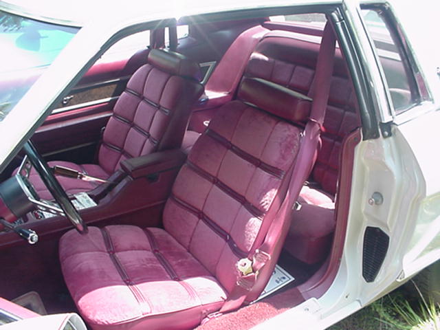 Car interior with plush burgundy velour seats and door panels, viewed from the passenger side