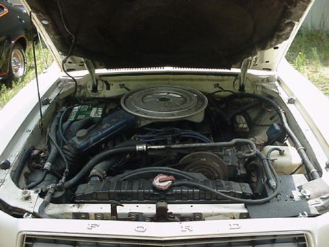 1977 Ford Mustang II - The engine bay of a 1977 Ford Mustang II is visible with the hood open, revealing the V8 engine and surrounding components.