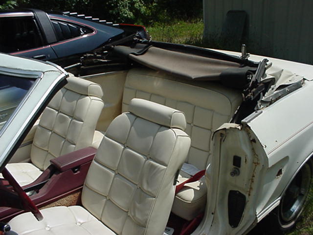 White convertible interior with tan seats. Black car with louvers visible behind it
