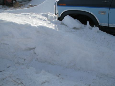 1982 Ford F-150 - 1982 Ford F-150 stuck in snow, showing the front wheel and fender area.