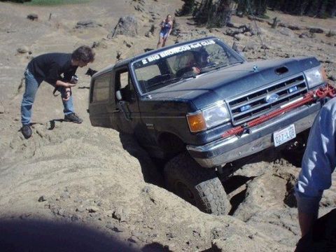 1991 Ford Bronco - A dark blue Ford Bronco is stuck in a dirt ditch off-roading, with a man in jeans and a black shirt looking at it and holding a camera. A r…