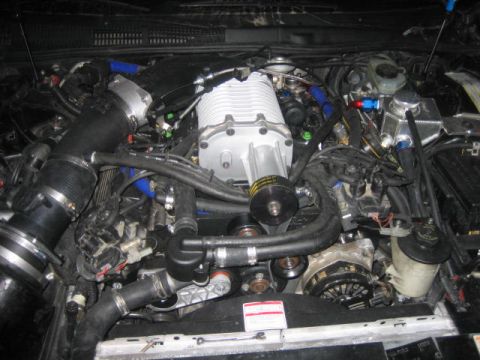 1996 Ford Thunderbird - A close-up view of a highly modified engine bay, featuring a prominent silver supercharger, black intake piping, and various blue and red h…