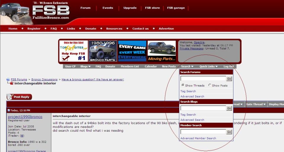Screenshot of Full Size Bronco forum website with an open search menu.