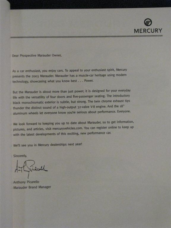 2003 Mercury Marauder letter to prospective owners from Marauder Brand Manager Anthony Picarello