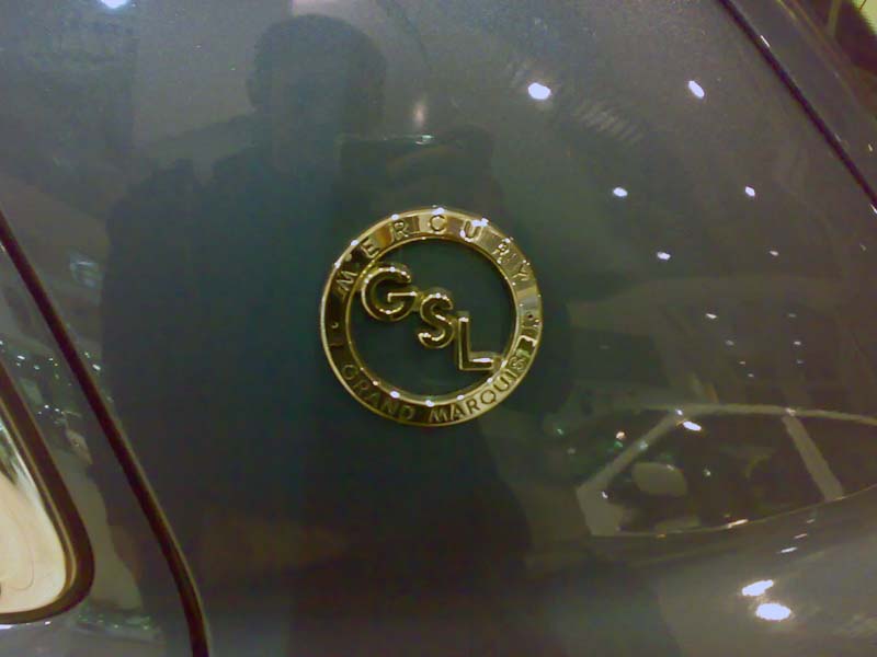 Close-up of a circular emblem on a dark vehicle