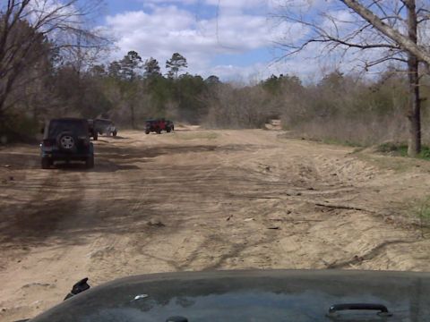 2008 Jeep Wrangler - Multiple Jeep Wranglers drive on a dusty, unpaved road through a wooded area.