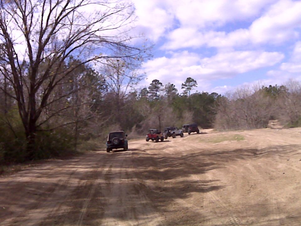 Four Jeep Wranglers driving on a dirt road in a wooded area