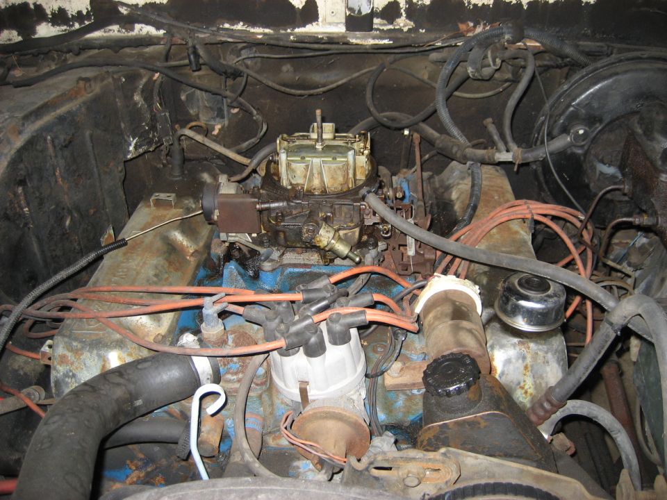 engine bay with carburetor, distributor, and hoses