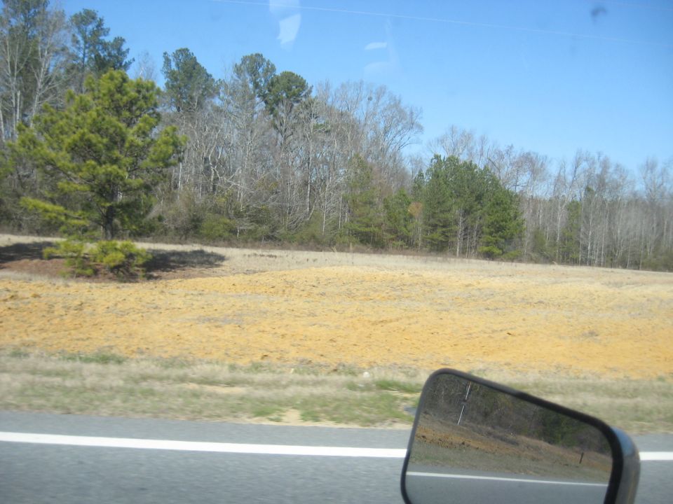 Side mirror reflection of a rural landscape with trees and a field