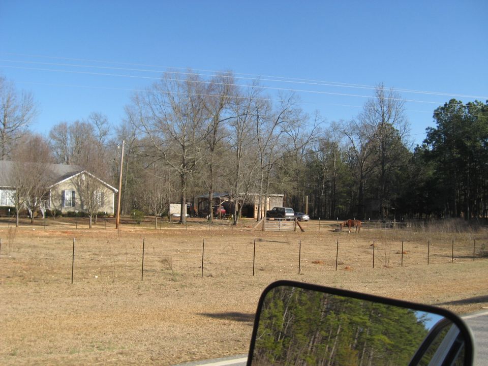Rural property with a house, outbuildings, and a horse in a field