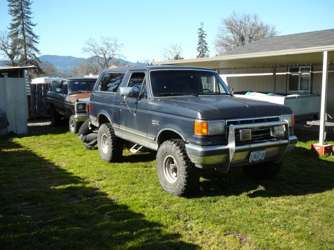 1991 Ford Bronco - A dark blue 1991 Ford Bronco is parked on a grassy lawn in front of a covered patio. The Bronco has a chrome brush guard and off-road tires.