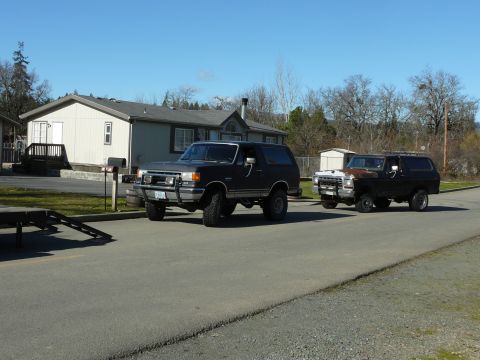 1991 Ford Bronco - Two Ford Broncos are parked on a paved road in front of a residential property with a light-colored house and trees in the background. The…