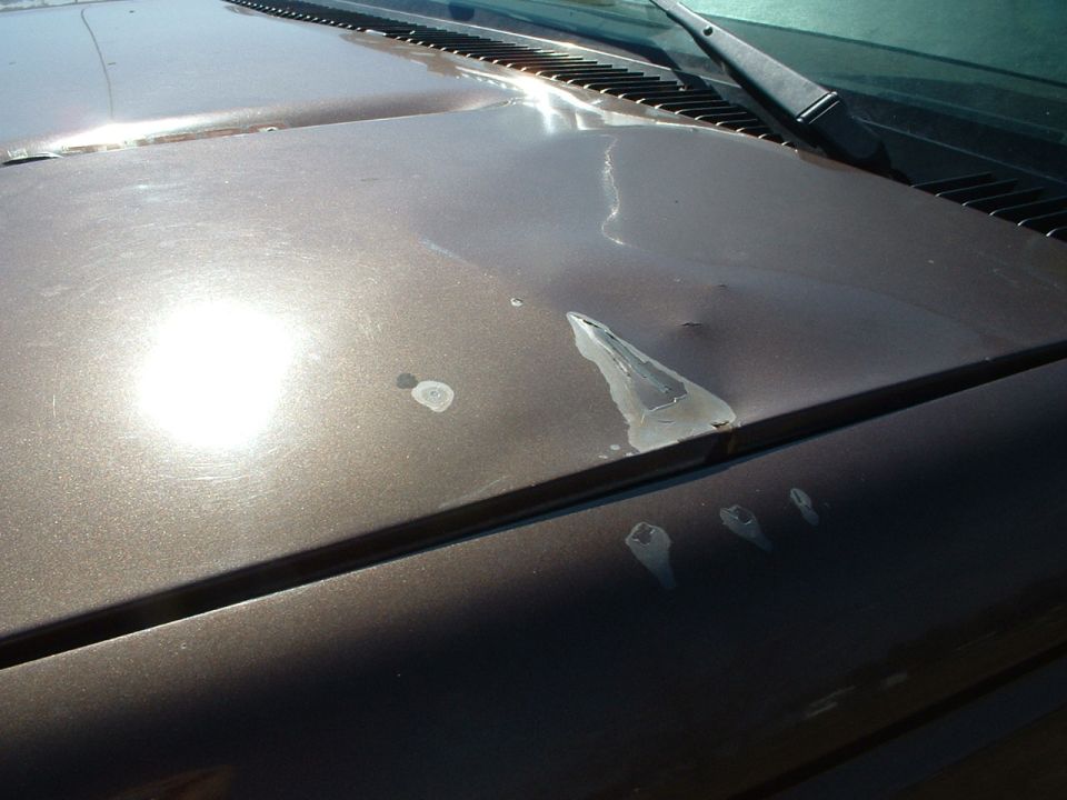 Chipped paint and dings on metallic brown hood near cowl vent and wiper