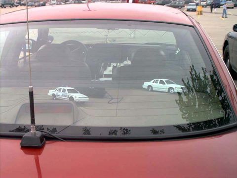 2000 Ford Crown Victoria - Two miniature police cars are visible on the rear window of a red vehicle, with one model appearing to be a Ford Crown Victoria.