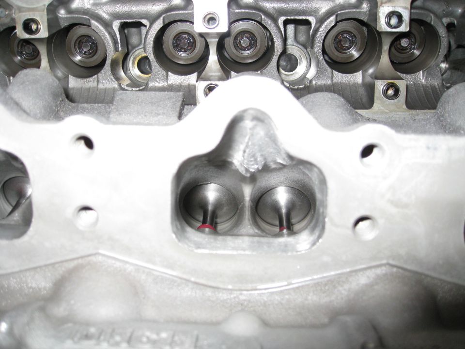 Close-up of intake ports and valves in a cylinder head