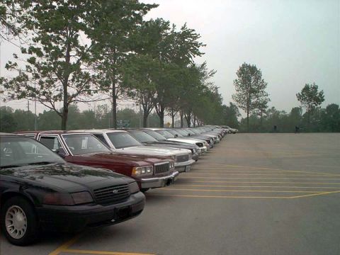 2000 Ford Crown Victoria - A long line of sedans are parked in an outdoor lot under an overcast sky.