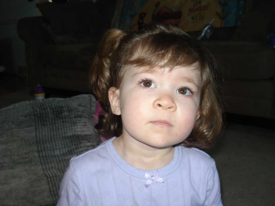 Child with brown hair in pigtails wearing a purple shirt