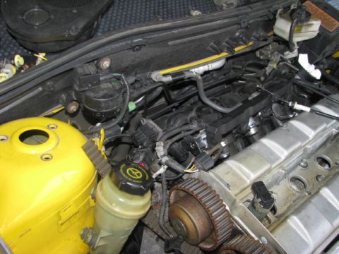 2003 Ford Focus - Close-up view of a vehicle's engine bay, showing various mechanical parts and a yellow fluid reservoir.