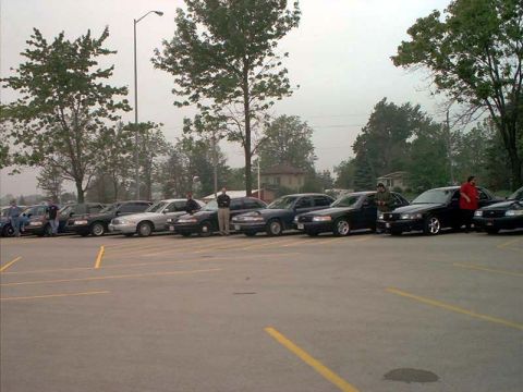 2000 Ford Crown Victoria - A lineup of Ford Crown Victoria sedans, some black and some silver, are parked in an outdoor lot under an overcast sky.