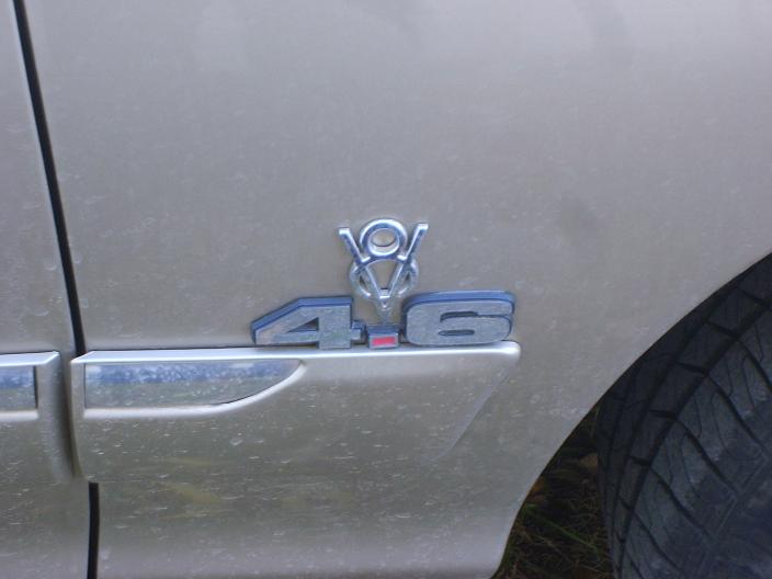 Chrome V8 4.6 badge on the front fender of a tan car