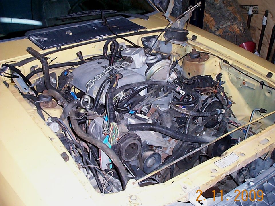 Yellow 1982 Ford Mustang engine bay with engine, hoses, and wiring visible.