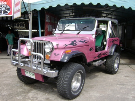 1989 Ford Bronco - A pink Jeep CJ-7 with flame decals is parked outside a shop. The vehicle has a chrome bull bar and large off-road tires.