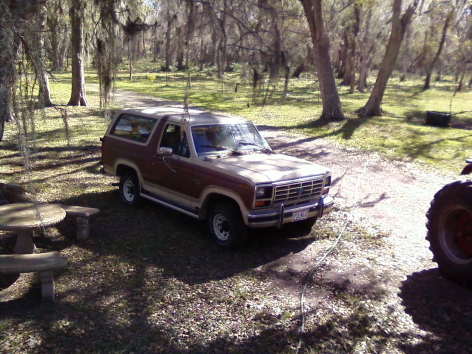 Two-tone brown and tan Ford Bronco parked in a wooded yard, 3/4 front view