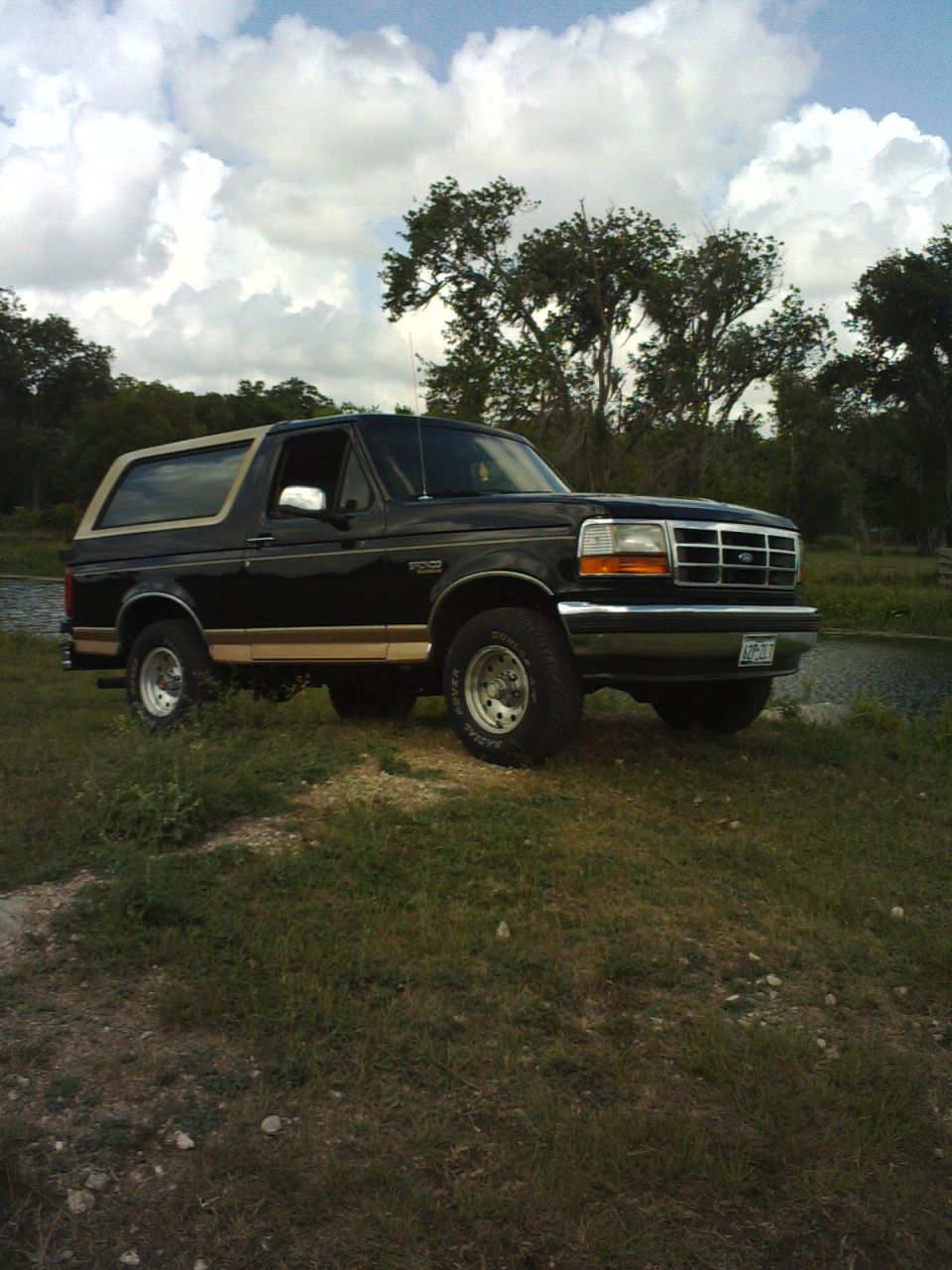 Black 1994 Ford Bronco parked on a grassy hill.