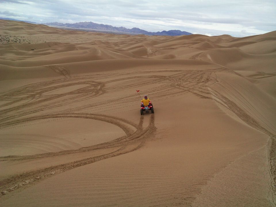 Person riding an ATV in a desert with sand dunes and tire tracks.