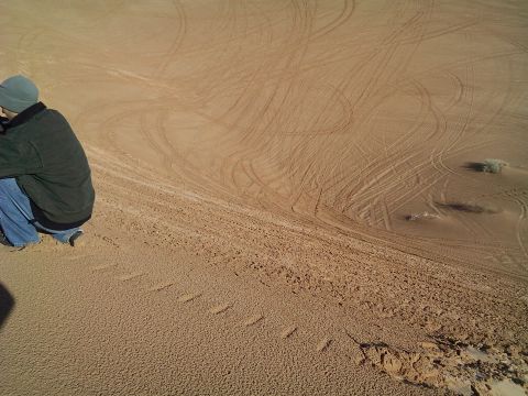 2004 Jeep Wrangler - A person wearing a green jacket and blue jeans sits on a sandy dune, looking out over the vast expanse of sand marked with tire tracks.