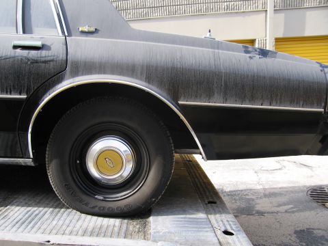 1991 Ford LTD Crown Victoria - Rear quarter panel and wheel of a black sedan, showing chrome trim and a gold hubcap.