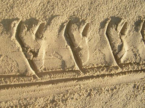 1986 Toyota Hilux - Close-up view of tire tracks left in the sand, indicating vehicle passage.