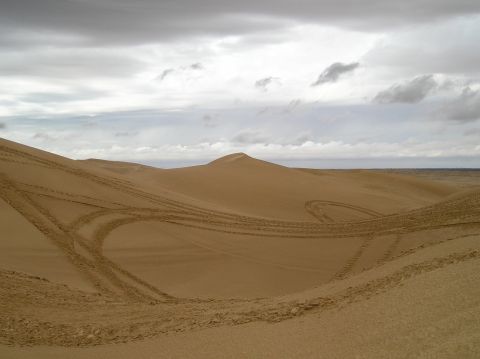 1986 Toyota Hilux - Tire tracks crisscross sand dunes under a dramatic, cloudy sky, indicating recent vehicle activity.