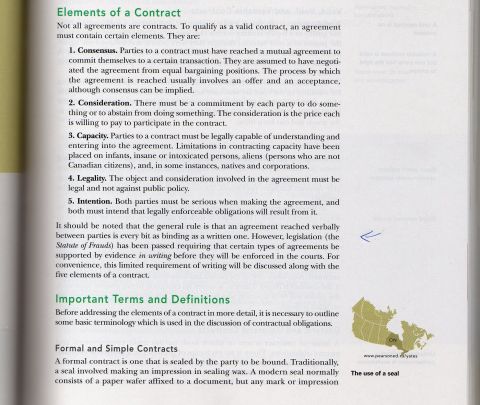 1989 Ford Bronco - A document page detailing the elements of a contract, including consensus, consideration, capacity, legality, and intention.
