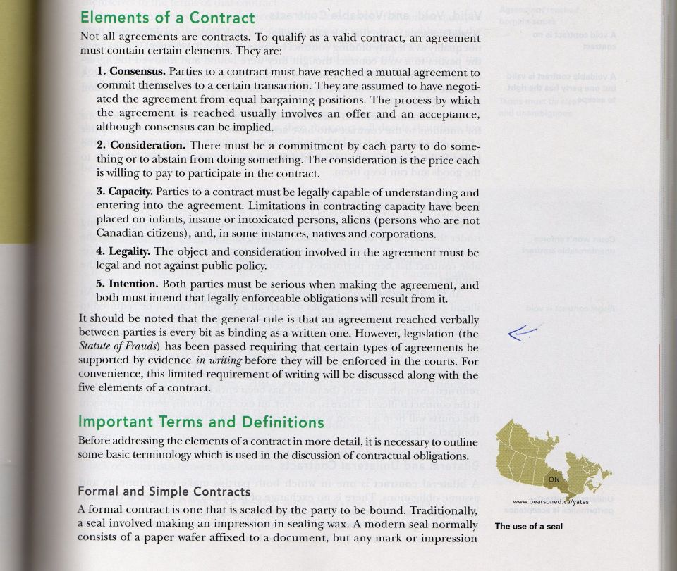 Document page with text about Elements of a Contract