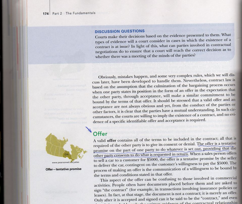 Page from a book with text about contract law and an offer, including a map of Canada