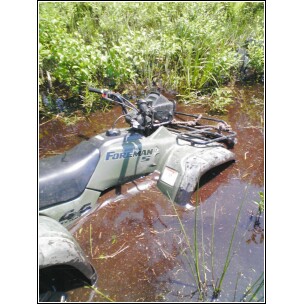 2004 Jeep Wrangler - An ATV is stuck in a waterlogged area surrounded by plants.