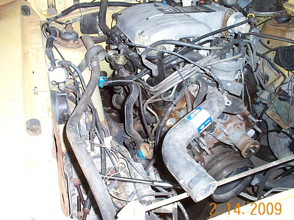 Engine bay of a yellow 1982 Ford Mustang, showing hoses, wires, and engine components