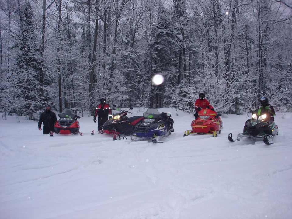 Five snowmobiles parked in a snowy forest clearing with riders.