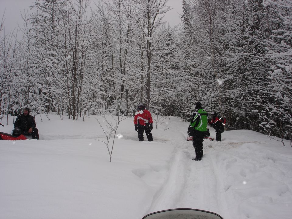 Snowmobile riders standing in deep snow among snow-covered evergreens, shot over red hood