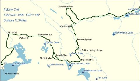 1989 Ford Bronco - This is a map of the Rubicon Trail showing various lakes, landmarks, and the trail route. The map indicates a total gain of +1998' - 1952'…