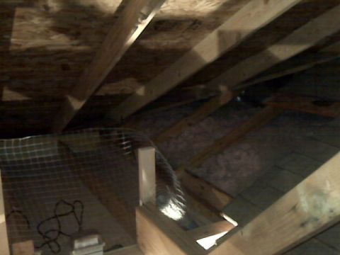2005 Ford Mustang - This image shows the interior of an attic space with wooden beams, insulation, and some wiring. There is no vehicle or vehicle part visible.