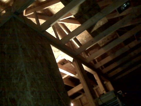 2005 Ford Mustang - The image shows the interior framing of a building under construction, likely an attic or roof space. Wooden beams and OSB sheeting are vis…