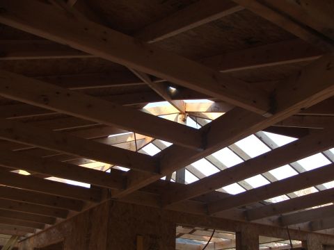 2005 Ford Mustang - The image shows the wooden framing of a building's roof under construction. Beams and rafters are visible, with daylight showing through ga…