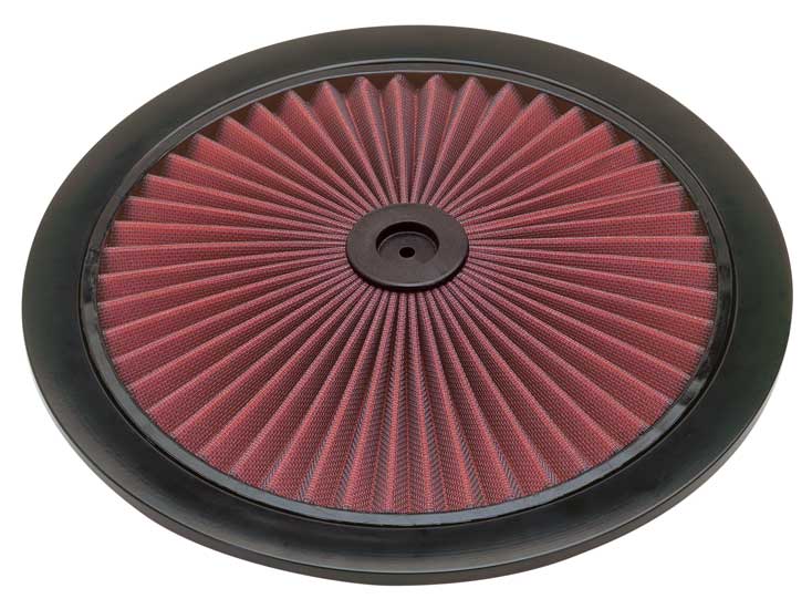 Round air-cleaner lid with red pleated filter media and black rim
