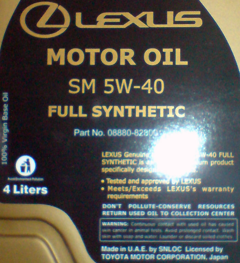 Label for Lexus Full Synthetic 5W-40 motor oil, 4 Liters.