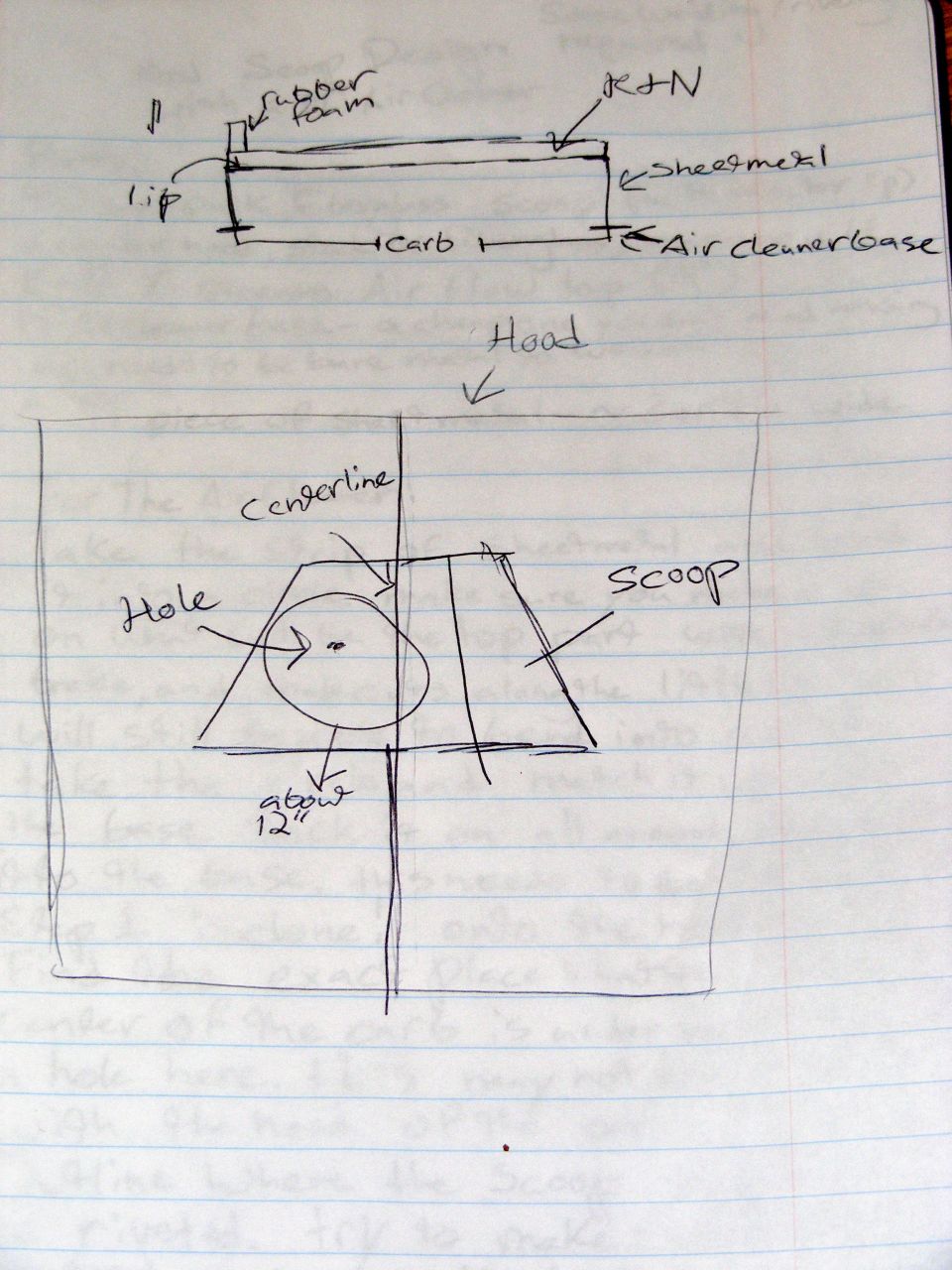 Hand-drawn notebook sketch showing hood scoop dimensions over a carburetor and air cleaner