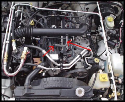 1995 Ford Bronco - The image shows a close-up view of a vehicle's engine bay, with red arrows pointing to specific hoses and connections. The engine appears t…