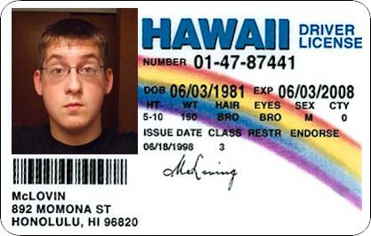 1996 Ford Bronco - A Hawaii driver's license is shown with a photo of the holder and rainbow-colored wavy lines.