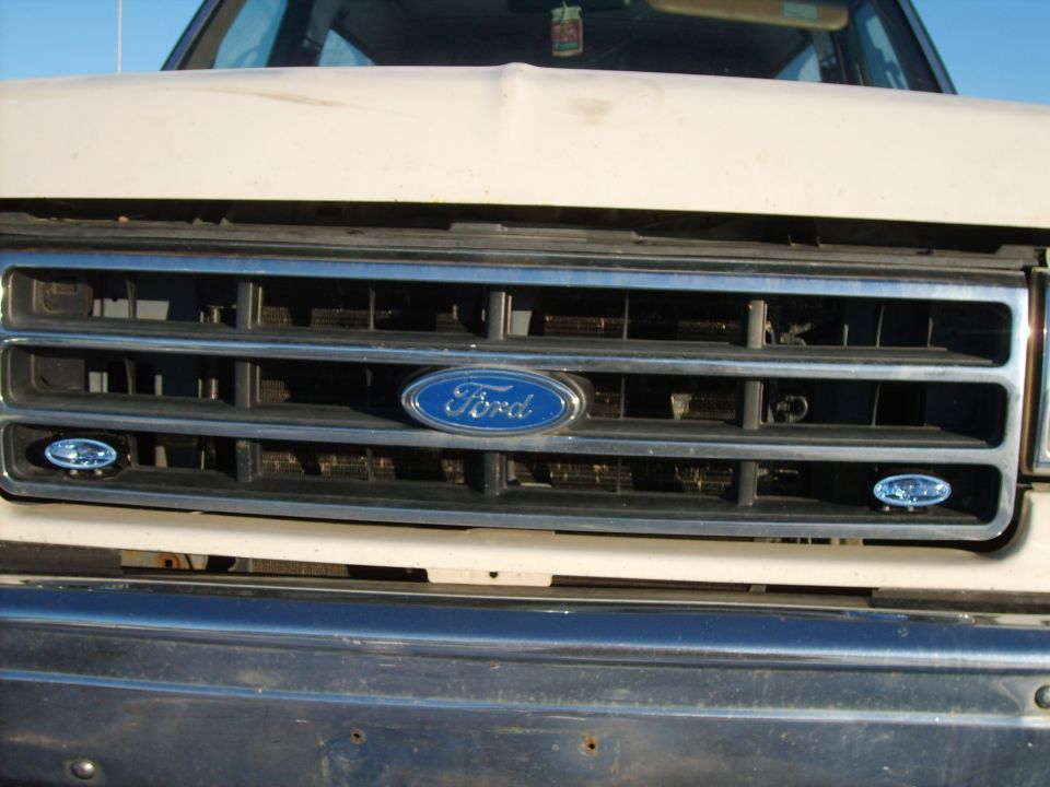 Front grille of a tan Ford truck with blue Ford oval emblem